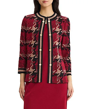 Wrinkle-Resistant Abstract Houndstooth Print Split Round Neck Bracelet Sleeve Jacket