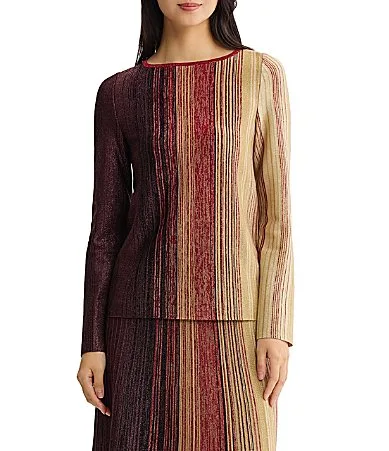 Wrinkle-Resistant Shimmer Lurex Metallic Knit Stripe Boat Neck Long Sleeve Coordinating Tunic by Misook