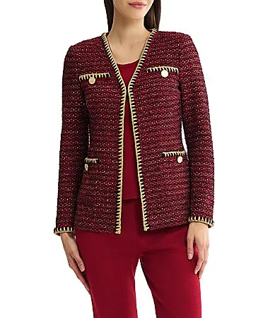 Lurex Tweed Knit Gold Trim Open V-Neck Long Sleeve Jacket