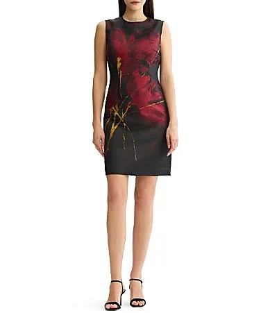 Lurex Jacquard Woven Floral Round Neck Sleeveless Coordinating Sheath Dress by Misook