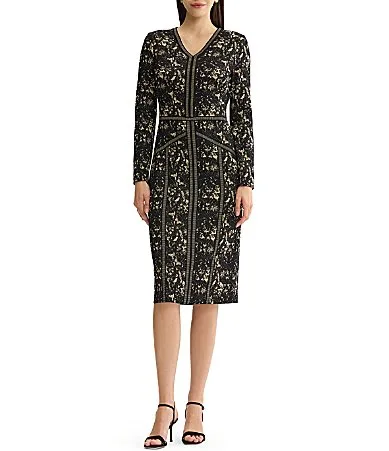 Wrinkle-Resistant Abstract Print V-Neck Long Sleeve Sheath Dress by Misook