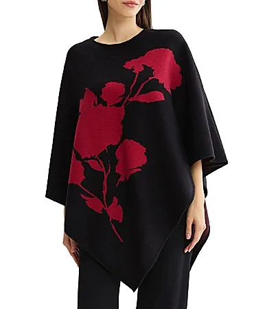 Wrinkle-Resistant Jacquard Knit Red Floral Crew Neck 34 Sleeve Asymmetric Poncho by Misook