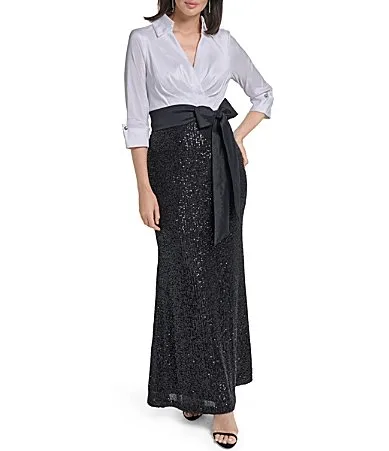 Cuff Sleeve Collar Neck Taffeta Bodice Sequin Skirt Long Dress by Jessica Howard