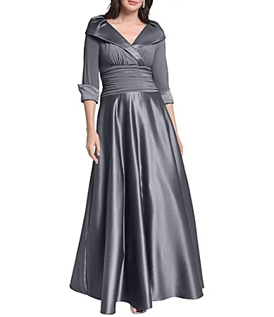 Portrait Collar V-Neck 34 Sleeve Rhinestone Cuff Ruched Waist Satin Gown by Jessica Howard