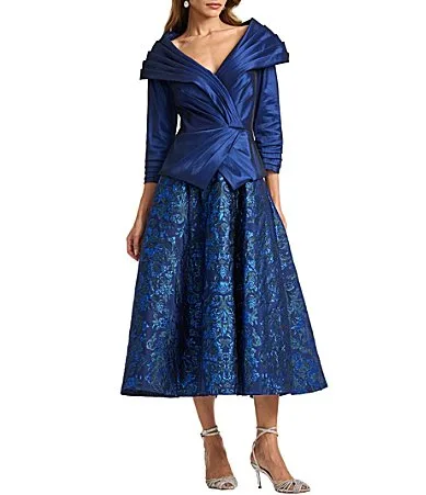 Tadashi Shoji Portrait Collar 34 Sleeve Mixed Media Midi Dress by Tadashi