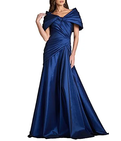 Tadashi Shoji Portrait Collar Pleated Taffeta Drop Waist Gown by Tadashi