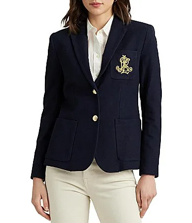 Stretch Jacquard Bullion Patch Notch Lapel Long Sleeve One-Button Blazer by Ralph Lauren