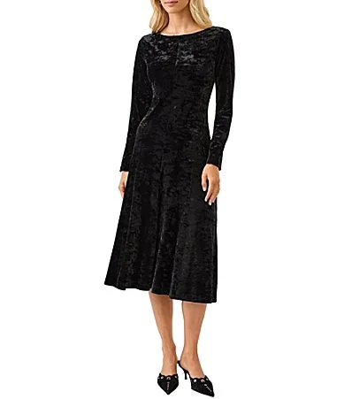 Solid Stretch Velvet Boat Neck Long Sleeve A-Line Midi Dress by Karen Kane