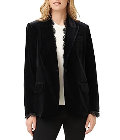 Plush Velvet Scallop Lace Trim Peak Lapel Long Sleeve One-Button Jacket
