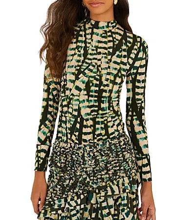 Striped Leaves Moss Printed Mock Neck Long Sleeve Coordinating Jersey Top