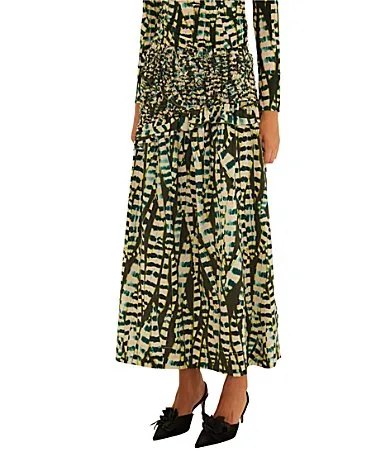 Striped Leaves Moss Printed Smocked Waist Coordinating Midi Skirt by FARM Rio