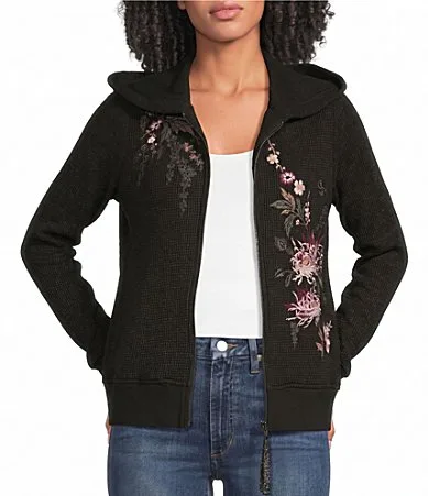 Metallic Waffle Thermal Knit Colorful Floral Embroidered Long Sleeve Zip-Up Hoodie by Johnny Was