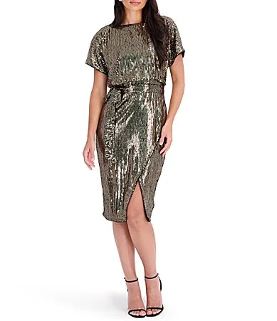 Dolman Sleeve Tie Waist Sequin Blouson Midi Dress by Kensie