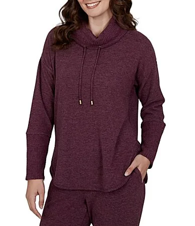 Waffle Knit Drawstring Draped Cowl Neck Long Sleeve Top by Ruby Rd