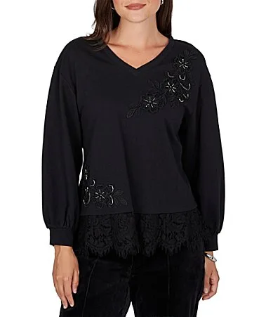 French Terry Beaded Lace Detail V-Neck Long Sleeve Top