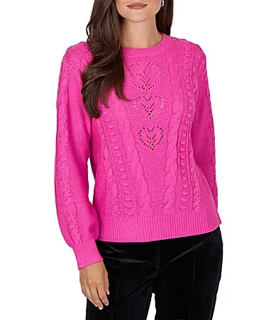 Cable Knit Boucle Crew Neck Long Sleeve Sweater by Ruby Rd