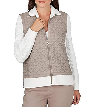 Quilted Cable Knit Spread Collar Long Sleeve Zip Front Jacket by Ruby Rd