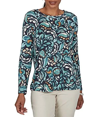 Brushed Knit Painterly Flourishes Round Neck Long Sleeve Top by Ruby Rd
