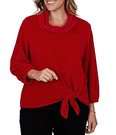 Honeycomb Chenille Knit Cowl Neck 34 Sleeve Side Tie Top