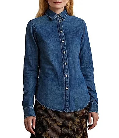 Lauren Ralph Lauren Classic Fit Denim Point Collar Long Sleeve Button Front Shirt