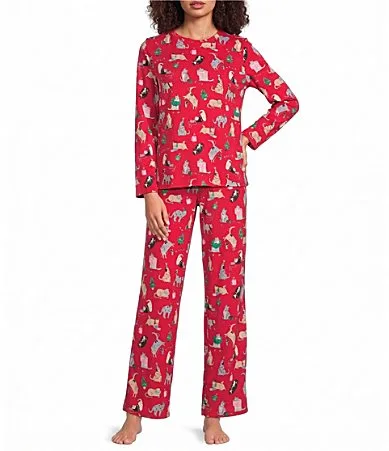 Holiday Christmas Cat Print Long Sleeve Crew Neck Knit Pajama Set by Sleep Sense