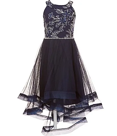 Sleeveless Embroidered Tulle-Overlay High-Low-Hem Dress by Xtraordinary