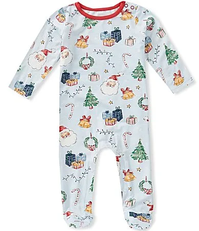 Long Sleeve Mixed Media Christmas Inspired Print Footed Coverall by Mud Pie