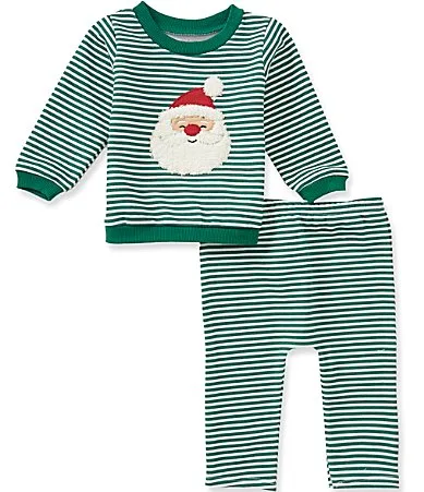 Long Sleeve Stripe Santa Applique French Terry Sweatshirt Matching French Terry Jogger Pants Set by Mud Pie