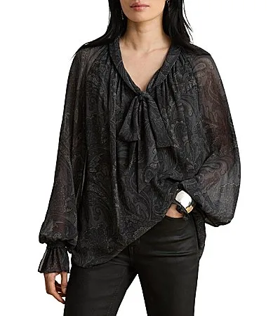 Lauren Ralph Lauren Crinkle Georgette Paisley Print V-Neck Long Sleeve Blouse by Ralph Lauren