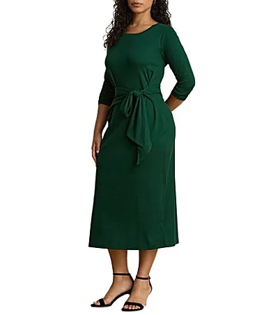 Lauren Ralph Lauren Stretch Ribbed Knit Crew Neck Long Sleeve Tie Waist Midi Length Dress
