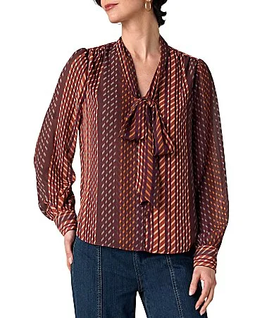 Long Woven Chiffon Geometric Print V-Neck Long Sleeve Blouse by Liverpool Los Angeles