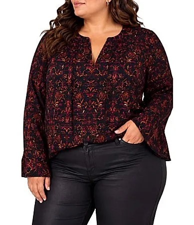 Vibrant Sateen V-Neck Long Flared Sleeve Blouse by Liverpool Los Angeles