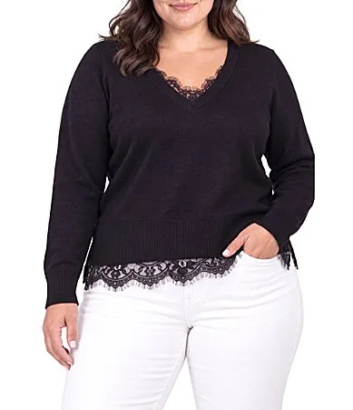 Knit Jersey V-Neck Long Sleeve Lace Trim Sweater