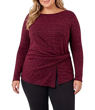 Brushed Hacci Knit Boat Neck Long Sleeve Twist Tie Front Top