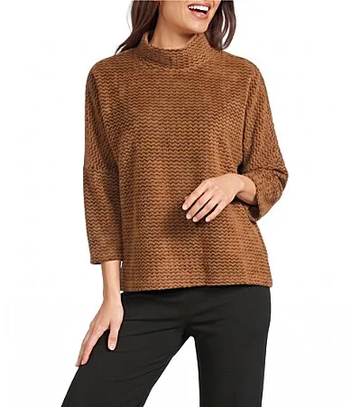 Brushed Knit Jacquard Mock Neck 34 Sleeve Top