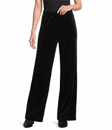 Knit Velvet Flat Front Wide Leg Full Length Pull-On Pants