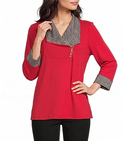 Solid Baby French Terry Plaid Quarter Zip Collar Band Cuff 34 Sleeve Top by Multiples