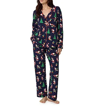 Santa Night Out Print Long Sleeve Notch Collar Organic Cotton Jersey Knit Pajama Set by Bedhead