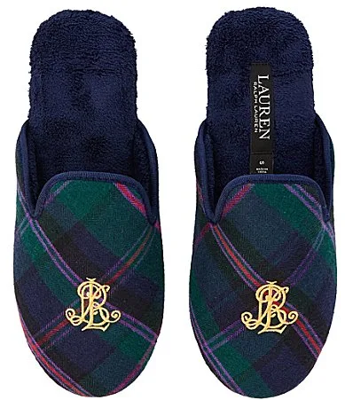 Signature Logo Embroidery Plaid Slippers by Ralph Lauren