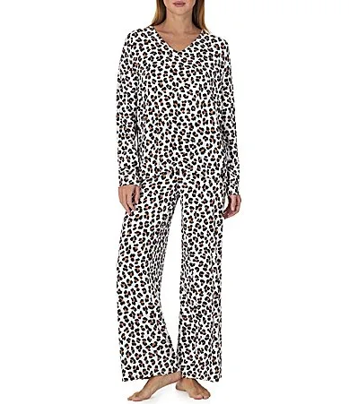 Printed Long Sleeve V-Neck Brushed Sweater Jersey Knit Pant Pajama Set
