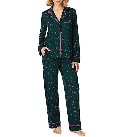 DKNY Cool Pine Animal Print Long Sleeve Notch Collar Cozy Jersey Knit Pant Pajama Set by Donna Karan
