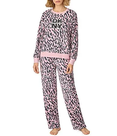 DKNY Pink Animal Print Long Sleeve Round Neck Stretch Fleece Pant Pajama Set by Donna Karan