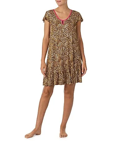 Brown Animal Print Cap Sleeve Round Neck Jersey Knit Nightgown by Tommy Bahama