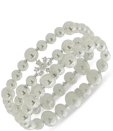 Silver Tone Snowflake Pearl Motif Stretch Bracelet Set