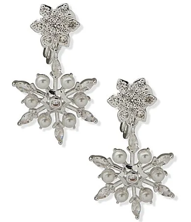 Silver Tone Snowflake Double Drop Clip Earrings by Anne Klein