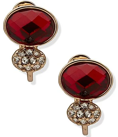 Gold Tone Oval Stone Crystal Cluster Button Drop Clip Earrings