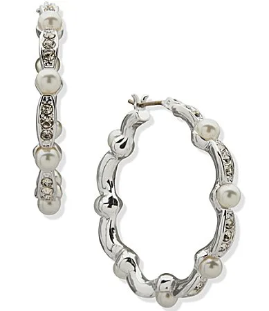 Silver Tone Pearl Scalloped Hoop Earrings
