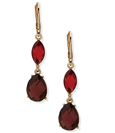 Gold Tone Red Stone Linear Earrings