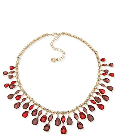 Gold Tone Red Stationed Stone Collar Necklace