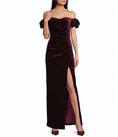 Velvet Off the Shoulder Long Dress by Pear Culture